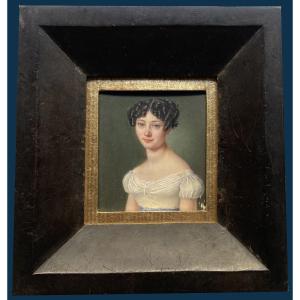 French School Early 19th Century "portrait Of A Young Woman" Miniature, Gouache/ivory, Frame Early 19th Century