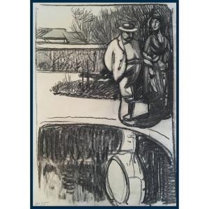 DETHOMAS Maxime (1867-1929) "Couple devant un bassin" Dessin au crayon noir