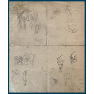 Delacroix Eugène (1798-1863) "studies Of Horses" Drawing/black Pencil, Stamp/sale After Death