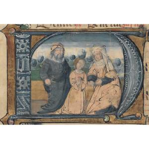 French School 15th Century "the Virgin, Saint Anne And Saint Joachim" Illumination, Gouache/vellum