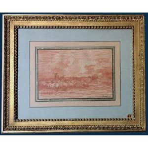 Daubigny Charles François (1817-1878) "landscape Shepherd And Sheep" Drawing/red Chalk, Signed