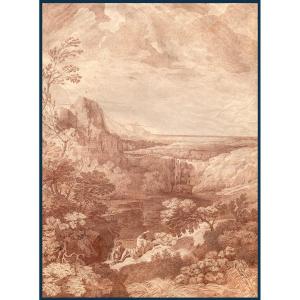 French School 18th Century Attribution To Louis Chays "landscape With River" Red Chalk Drawing