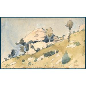 HARPIGNIES Henri Joseph (1819-1916) "Paysage aux rochers en Dordogne" Aquarelle, Signé et situé