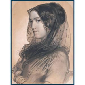 Felon Joseph (1818-1896) "portrait Of A Woman" Drawing/black Pencil And Pastel, Signed