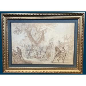 Vernet Carle (1758-1836) "battle Scene" Brown Wash Drawing, 19th Century Frame