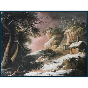 BISON Giuseppe Bernardino (1762-1844), Attribué à, "Paysage de neige" Gouache, Cadre début 19e