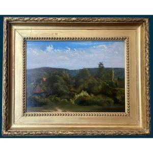 Flandrin Paul (1811-1902) "landscape" Oil On Mahogany Panel, Signed, 19th Century Frame