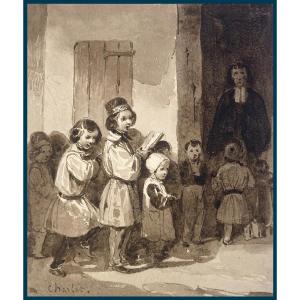 Charlet Nicolas Toussaint (1792-1845) "the Children" Brown Wash Drawing, Signed