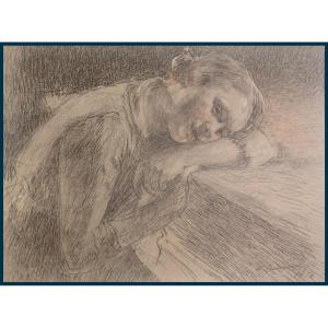 GUIGUET François Joseph (1860-1937) "Jeune fille " Dessin/Crayon noir, sanguine, craie, Signé