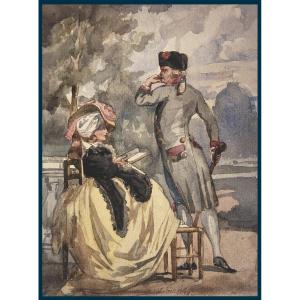 BOISSARD DE BOISDENIER Joseph (1813-1866)"Femme lisant & un homme" Dessin/Aquarelle,Signé, daté