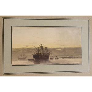 Coste Pascal (1787-1879) "seascape" Watercolor Drawing, Monogrammed