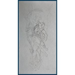 Doré Gustave (1832-1883) "Femme et ange enlacés" Dessin à la plume, Signé