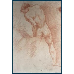 Italian School Early 18th Century "academy Of A Man From Behind" Red Chalk Drawing