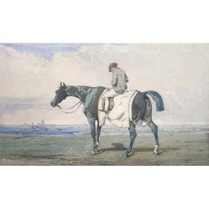 DREUX Alfred de (1810-1860) "Le Jockey" Dessin/Aquarelle, Signé, Cadre du 19e