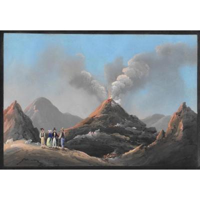 "four Characters In Front Of A Volcano" Gouache Napolitan 19th Century, Italian School