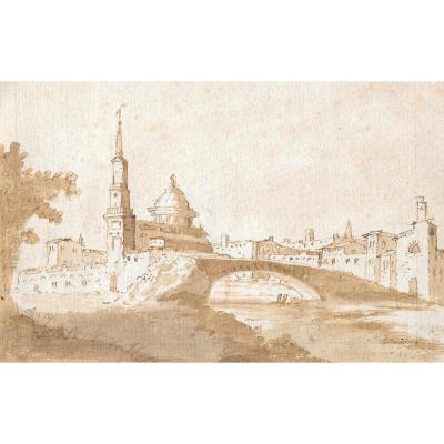 "Ville avec un pont" Plume et lavis brun, Ecole italienne, Venise, 18e siècle