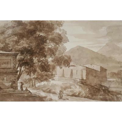 "Paysage" Lavis brun, Ecole française 18e siècle
