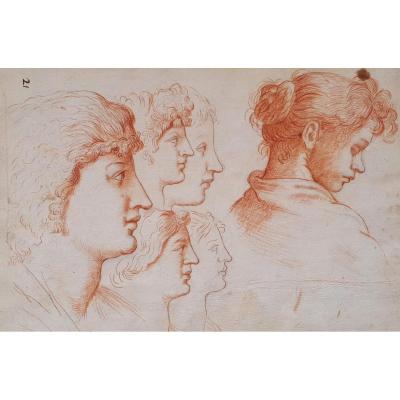 "faces Of Women" Drawing With Red Chalk, Italian School, Late 17th / Early 18th Century