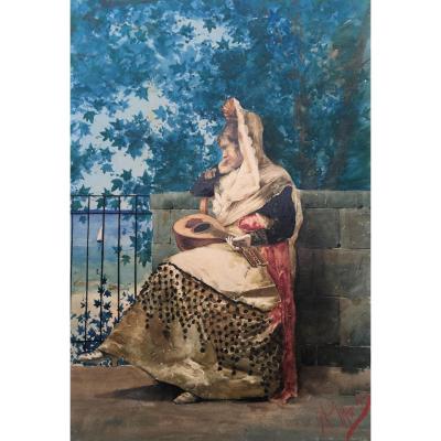 "woman With Mandolin" Giuseppe Aureli, Italian School, Watercolor