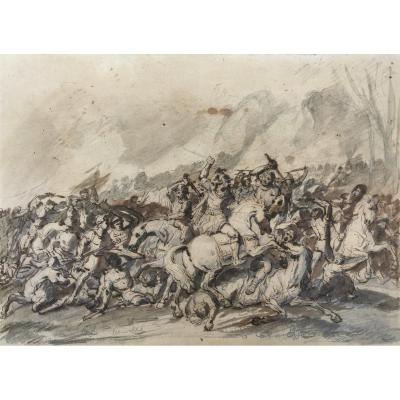 "Choc de cavalerie (2)" Jacques GAMELIN, Attribué à, Dessin 
