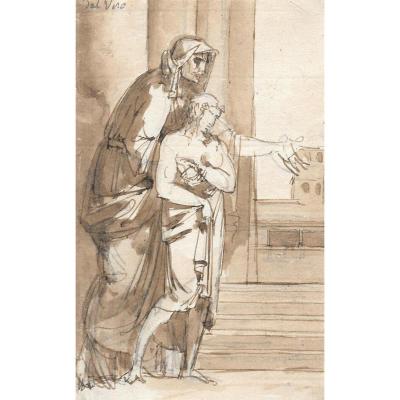 "Scène Néoclassique (Femme & Enfant) Ecole Italienne Fin 18e/début 19e, Dessin