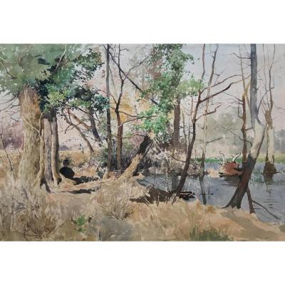 "landscape At The Edge Of A River" Onorato Carlandi, Watercolor, Signed