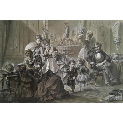 "La Famille" Hippolyte LECOULTRE, Dessin lavis d'encre et gouache blanche