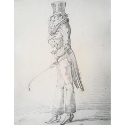 "vernet Carle" Dandy With A Hat "drawing In Black Pencil
