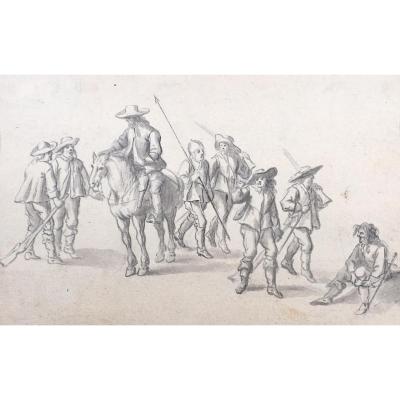 North School Late 17th "cavalier And Military" Drawing In Gray Wash
