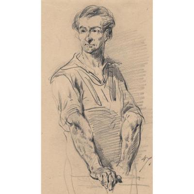 Andrieux Clement-auguste "portrait Of A Man" Black Pencil Drawing