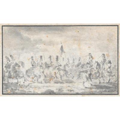 Gamelin Jacques "cavalry Scene" Drawing, Gray Wash, Signed