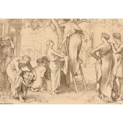 Urbain Bourgeois "picking" Black Pencil Drawing, Signed, Pupil Of Flandrin And Cabanel