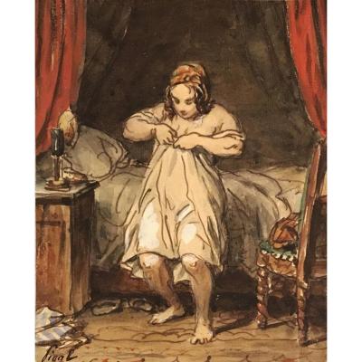 PIGAL Edmé Jean "Jeune fille devant son lit" Dessin/Plume, aquarelle et gouache blanche, Signé