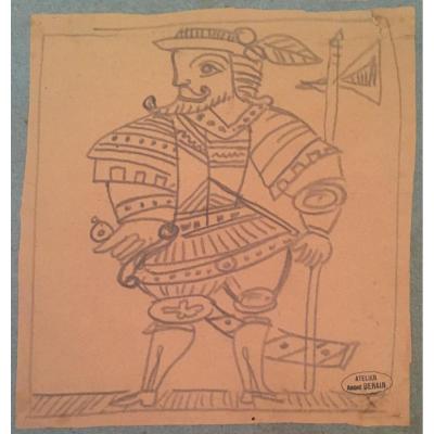 DERAIN André "Hallebardier" Dessin au crayon noir signé du cachet