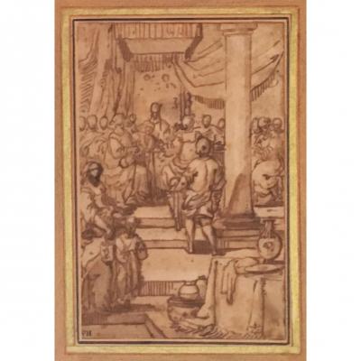 Italian School 16th Century "scene Of Ancient History" Drawing/pen & Brown Wash