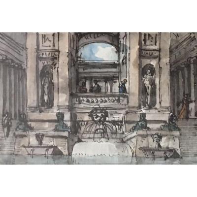 NICOLLE Jean-Victor "Caprices architecturaux" Deux aquarelles en pendant, Cadres fin 18e