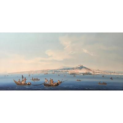 ECOLE ITALIENNE VERS 1840 "Vue de Naples" Gouache, Cadre 19e