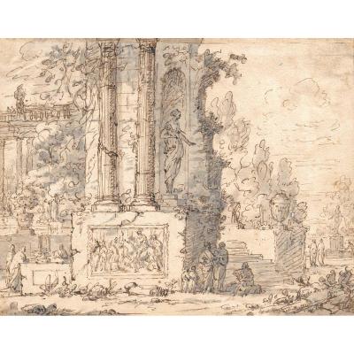 Italian School Early 18th Century "animated Landscape" Drawing / Pen And Gray Wash