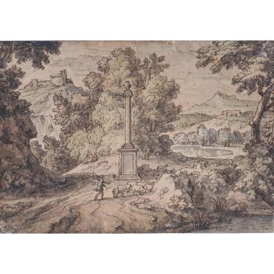 Millet Francisque (1642-1679) Attributed To"landscape & Shepherd" Drawing/pen,wash & Watercolor