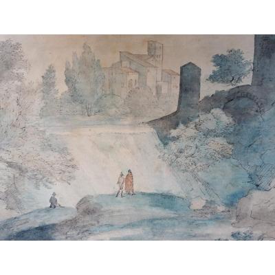 English School Late 18th "animated Landscape" Drawing/pen And Watercolor