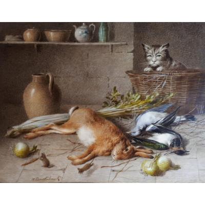 Cruickshank William (1848-1922) "still Life And Cat" Watercolor On Ivory Paper, Signed