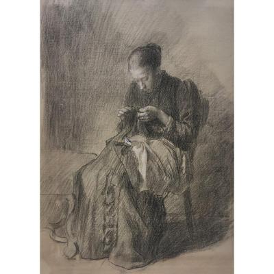Brunier Joseph (1860-1929) "woman Sewing" Drawing/black Pencil, Signed On The Back