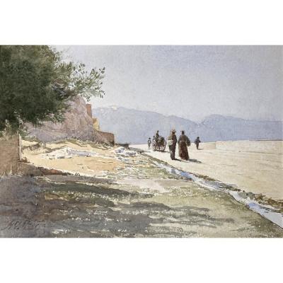 Mouren Henri (1844-1925) "animated Landscape" Watercolor, Signed