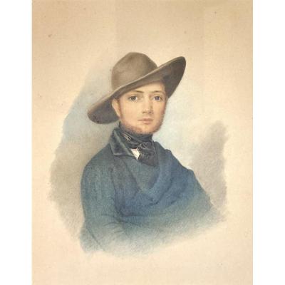 French School Circa 1840 "man With A Hat" Watercolor