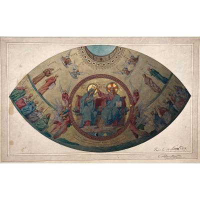 Douillard Alexis (1835-1905) "christ And The Saints" Watercolor, Signed And Dated