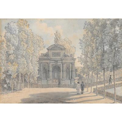 VAUZELLE Jean-Lubin (1776-1837) "Fontaine Médicis, Jardin du Luxembourg" Dessin/Plume,aquarelle