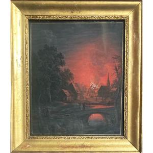 DIETZSCH Johann Christoph (1710-1769) "Un incendie" Gouache sur vélin, Cadre en bois doré 19e