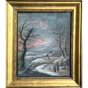 DIETZSCH Johann Christoph (1710-1769) "Paysage de neige" Gouache/vélin, Cadre en bois doré 19e