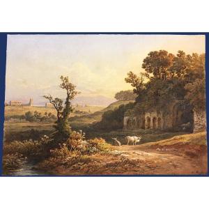 Muller Rudolf (1802-1885) "landscape Of Italy" Watercolor, Signed And Dated