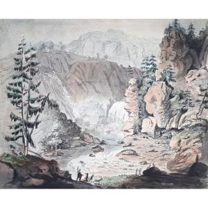 ZINGG Adrian (1734-1816) "Paysage animé à la cascade" Dessin/Encre et aquarelle,signé et annoté